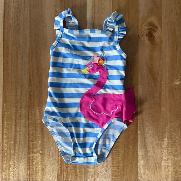 John Lewis Blue and White Striped Kids Swim One Piece with Pink Flamingo - Picture 1 of 7